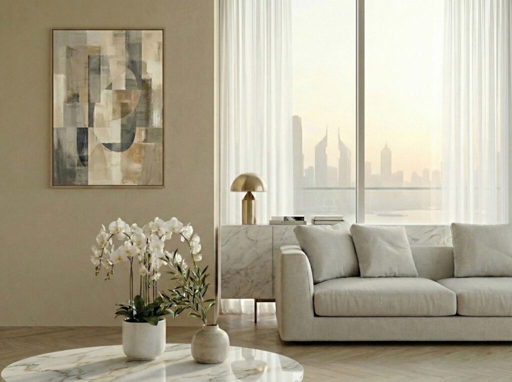 Modern Dubai apartment living room staged for Airbnb guests